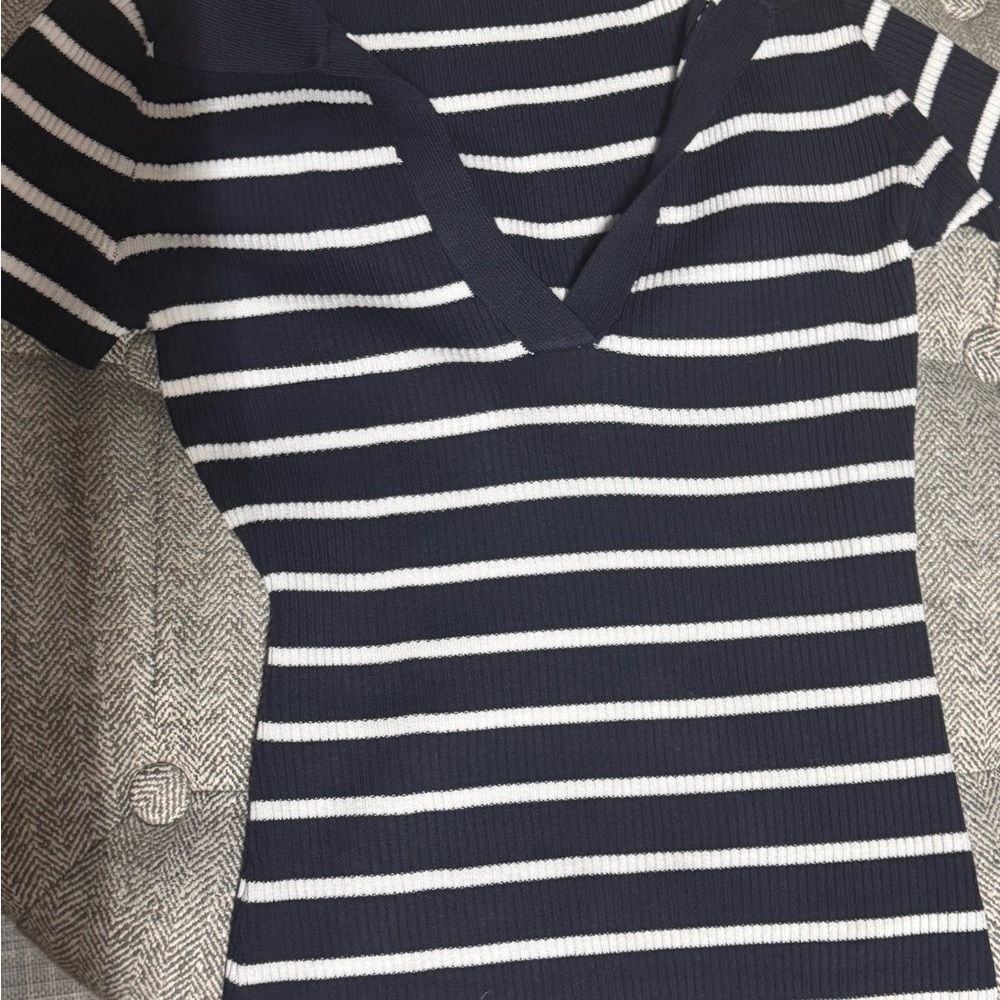 Navy and White Striped V-Neck Top